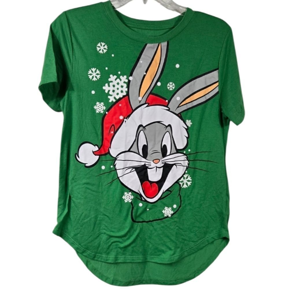 Looney Tunes Bugs Bunny Women’s Christmas T-Shirt Large Green Holiday Tee Retro